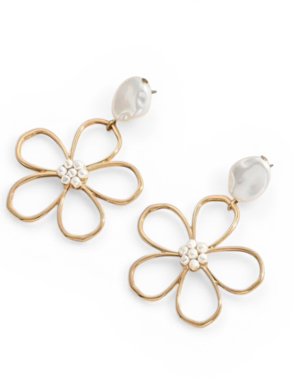 Gold-Tone Faux Pearl Flower Drop Earrings | 18K Gold Plated | Lightweight